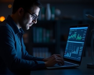 methodical marketing analytics coordinator, assessing campaign performance, scrolling through reports, photorealistic, dimly lit office with a focus on a glowing laptop screen, highly detailed, data visuals jumping off the screen, high contrast, cool dark tones, low-key lighting, shot with a 135mm lens.
