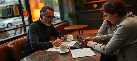 astute marketing trends observer, gathering insights, discussing with peers, photorealistic, cozy cafe with open notebooks and tablets, highly detailed, coffee cups and pens scattered around, smooth gradient, warm ambient tones, gentle evening lamp lighting, shot with a 35mm prime lens.