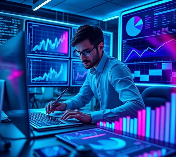 dynamic marketing trends researcher, compiling forecasts, utilizing analytics tools, photorealistic, futuristic workspace with holographic displays, highly detailed, predictive graphs rotating, ultra clarity, electric blues and purples, neon backlighting, shot with a mirrorless camera lens.