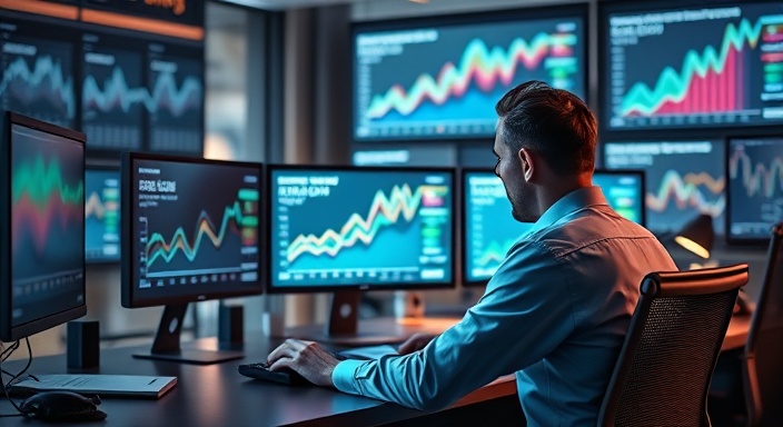 insightful marketing trends analyst, predicting future shifts, using multi-screen setups, photorealistic, sleek office filled with advanced technology and charts, highly detailed, screens updating to show trend lines, high contrast, pastel tones, directional light from desk lamps, shot with a 100mm macro lens.