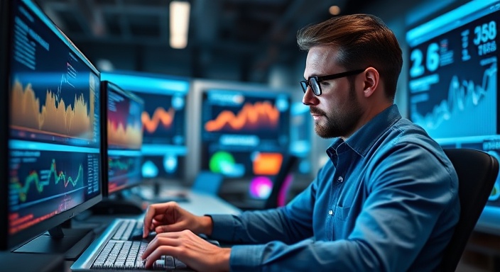 diligent marketing analytics specialist, interpreting trends, using statistical software, photorealistic, tech-filled workspace with interactive displays, highly detailed, numbers and graphs dynamically updating, shallow depth of field, cool blue hues, ambient lighting from overhead fixtures, shot with an 85mm lens.