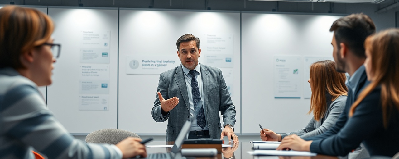 pioneering marketing strategy advisor, guiding corporate strategy sessions, leading dialogues, photorealistic, corporate office with presentation platforms and feedback loops, highly detailed, ideas actively being generated, broad color profiles, cool neutral white light, LED panel lighting, shot with a manual focus lens.