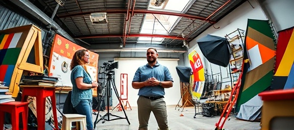 creative marketing campaign leader, directing photo shoots, preparing for launch, photorealistic, vibrant photo studio with various props and backdrops, highly detailed, chaotic yet organized energy, soft focus, bright and bold tones, natural sunlight through skylights, shot with a fish-eye lens.