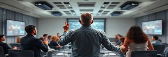 visionary marketing strategist, developing new approaches, presenting ideas, photorealistic, expansive boardroom with projectors and presentation screens, highly detailed, colleagues interacting with excitement, broad tonal range, neutral colors, overhead white light, shot with a zoom lens.