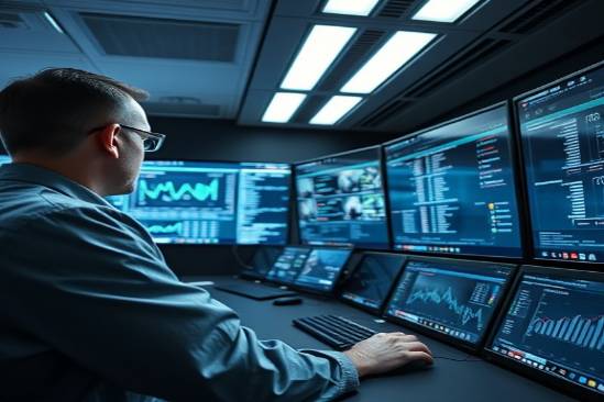 focused marketing analytics expert, evaluating datasets, using powerful algorithms, photorealistic, high-tech command center with wall-sized monitors, highly detailed, data streams cascading across screens, extra wide dynamic range, cold monochrome palette, fluorescent ceiling lights, shot with a tilt-shift lens.