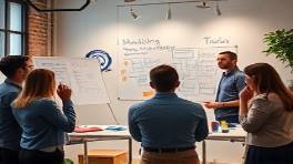 forward-thinking marketing strategy developer, conducting workshops, facilitating collaboration, photorealistic, creative space filled with flipcharts and creative tools, highly detailed, participants enthusiastically involved, balanced exposure, soft muted shades, indirect soft lighting, shot with a 75mm lens.