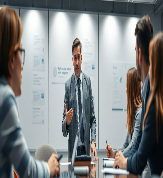 pioneering marketing strategy advisor, guiding corporate strategy sessions, leading dialogues, photorealistic, corporate office with presentation platforms and feedback loops, highly detailed, ideas actively being generated, broad color profiles, cool neutral white light, LED panel lighting, shot with a manual focus lens.