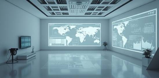 advanced digital strategy planning, studious, mapping, photorealistic, amidst a minimalist room with data projections, highly detailed, blueprints and diagrams visible, 6K resolution, monochrome scheme, diffused lighting, shot with a 50mm lens.