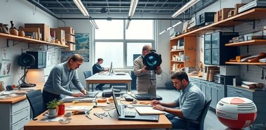 innovative digital strategy design, ambitious, sketching, photorealistic, located in a bustling innovation lab with diverse tools, highly detailed, digital and analog blending, 8K resolution, vivid colors, shadowed light dynamics, shot with a 70mm lens.