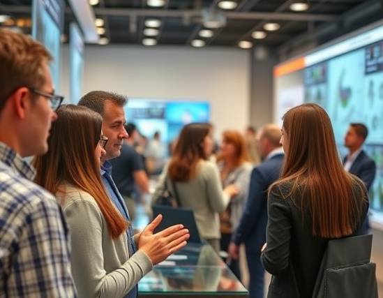 interactive digital strategy trends, observant, interpreting, photorealistic, in an interactive showroom with hands-on stations, highly detailed, participants actively engaged, HDR quality, full color display, accentuated lighting, shot with a zoom lens.