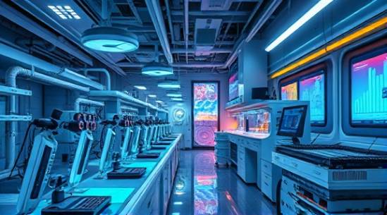 futuristic digital strategy innovation, insightful, developing, photorealistic, in a cutting-edge laboratory with futuristic instruments, highly detailed, holograms and AR elements, HDR quality, neon accents, dynamic lighting, shot with a 24mm lens.