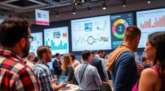 trendy digital strategy trends, intrigued, analyzing, photorealistic, within a dynamic conference setting filled with trend charts, highly detailed, people exchanging ideas actively, 5K resolution, bold colors, overhead spot lighting, shot with a 85mm lens.