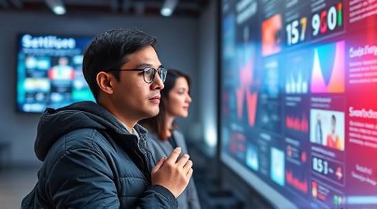 emerging digital strategy trends, attentive, discovering, photorealistic, set in a modern media room with trend displays, highly detailed, interactive boards buzzing with info, HDR quality, pastel shades, focused lighting, shot with a telephoto lens.